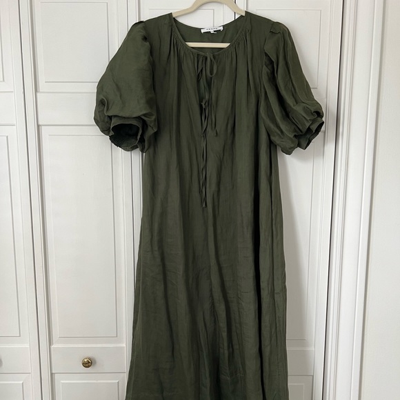 Frame Denim | Dresses | Frame Moss Green Tie Neck Front Puff Sleeve Linen  Maxi Dress | Poshmark
